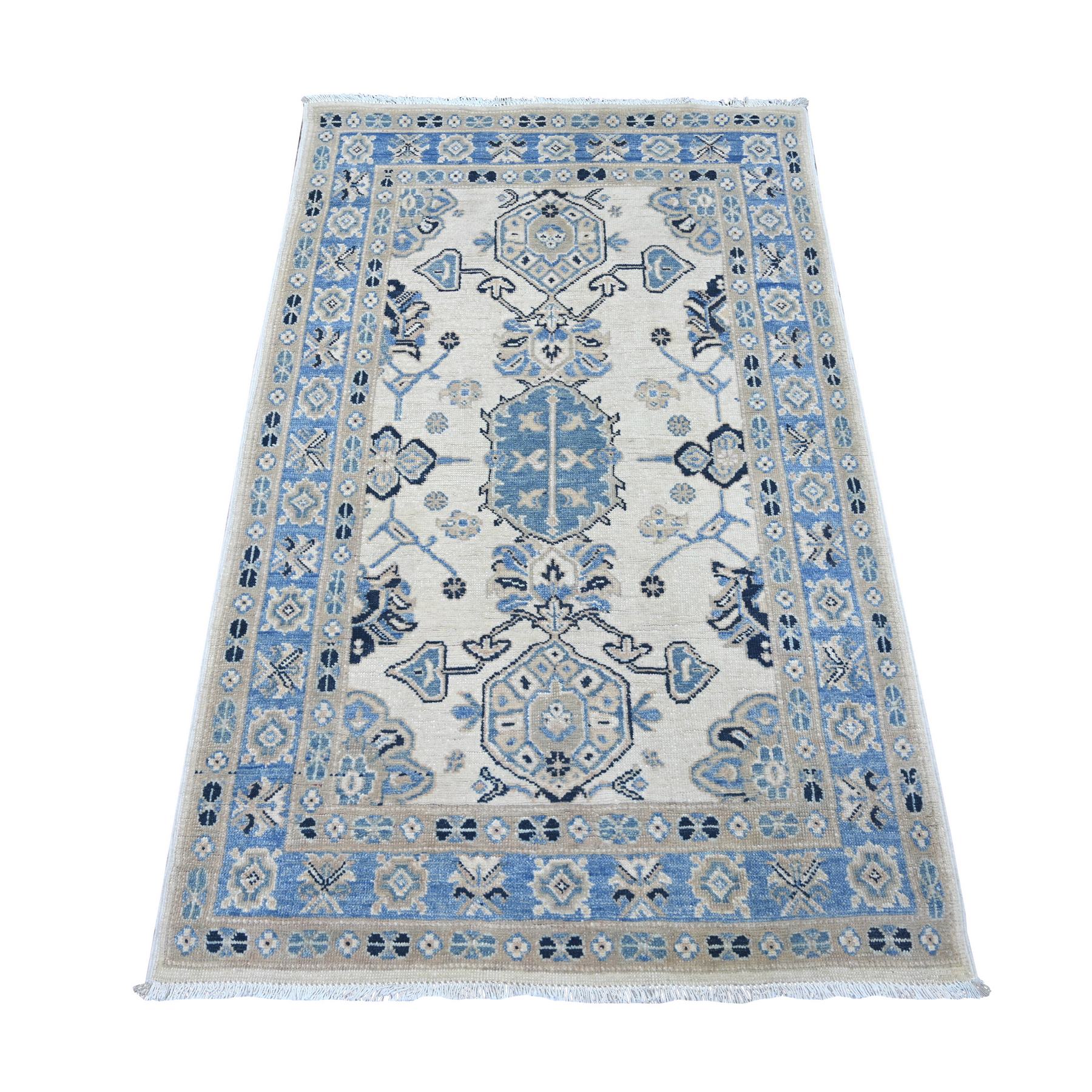 3'1"x4'10" Pearl White, Vintage Look Kazak with Tribal Design, Hand Knotted, 100% Wool, Natural Dyes, Oriental Rug 